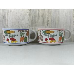 Tomato Vegetable Potato Stackable Soup Cup Mug Bowl Set‎ Vintage Retro Kitchy